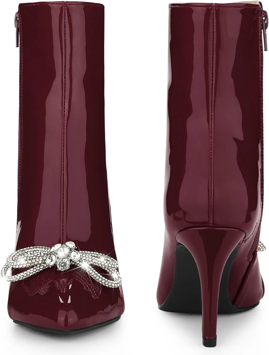 Perphy Patent Leather Boot Bow Rhinestone Pointy Toe Stiletto Heels Ankle Boots for Women
