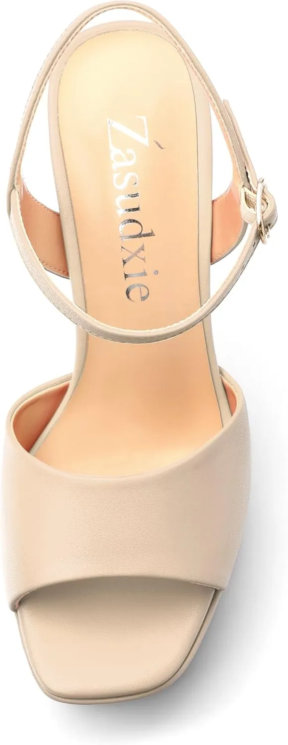 Platform High Heels for Women, Chunky Heels Sandals for Women Comfy Square Open Toe Ankle Strap Stylish Heeled Sandals Party Prom Wedding Dress Pumps Shoes 4.7 Inch