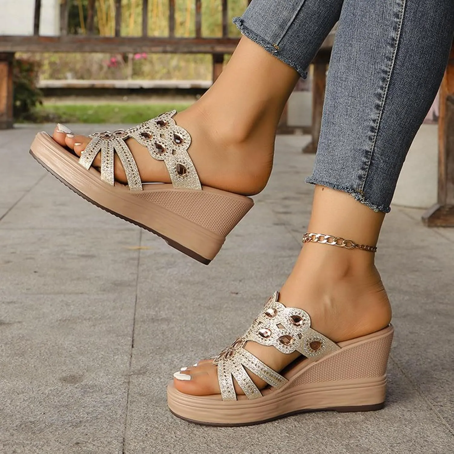 Platform Sandals Women Rhinestone Sequin Wedge Sandals Arch Support Sandal Open Toe Beach Casual Slippers