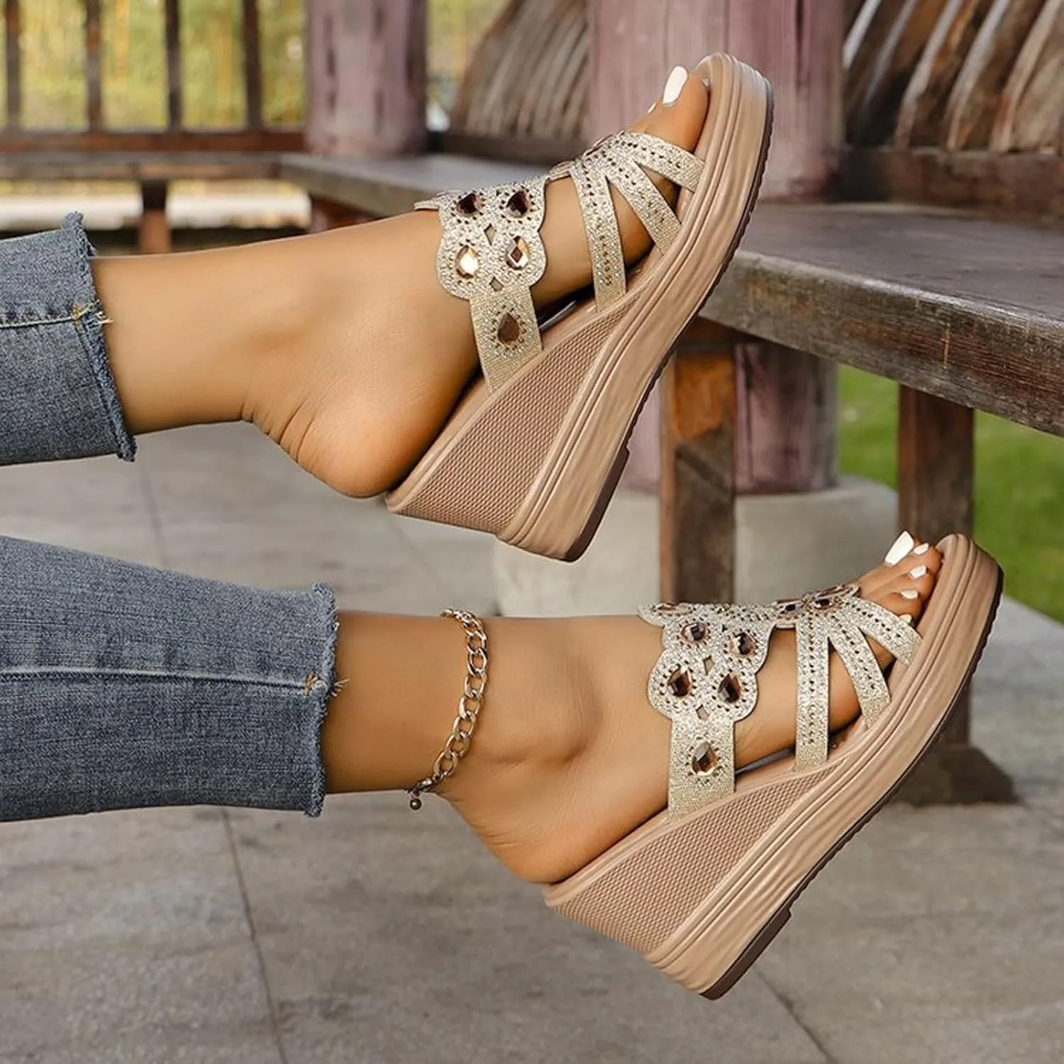 Platform Sandals Women Rhinestone Sequin Wedge Sandals Arch Support Sandal Open Toe Beach Casual Slippers