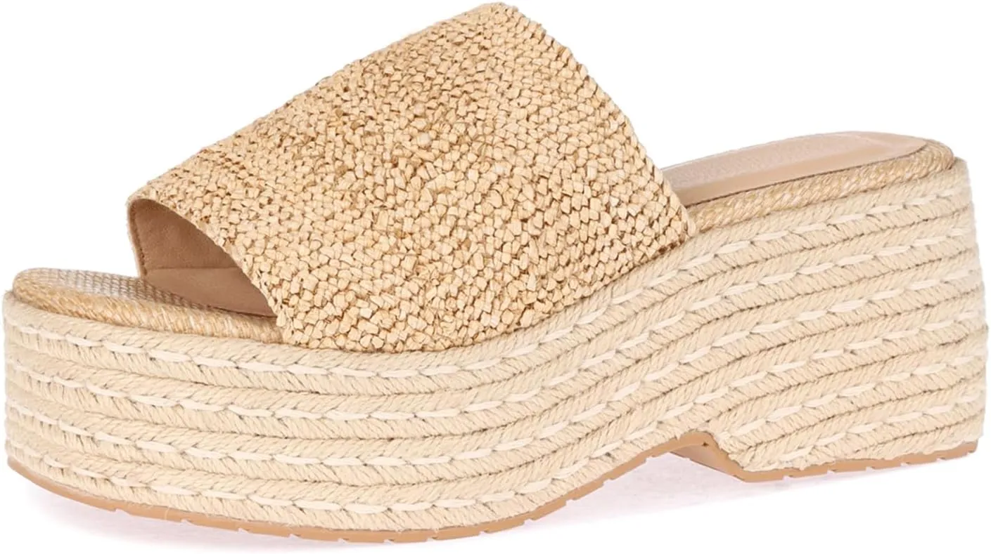 Platform Sandals Women Slip On Wedge Espadrilles for Women Slides Raffia Open Toe Comfort Summer Beach Sandals Bohemian Outdoor Footwear