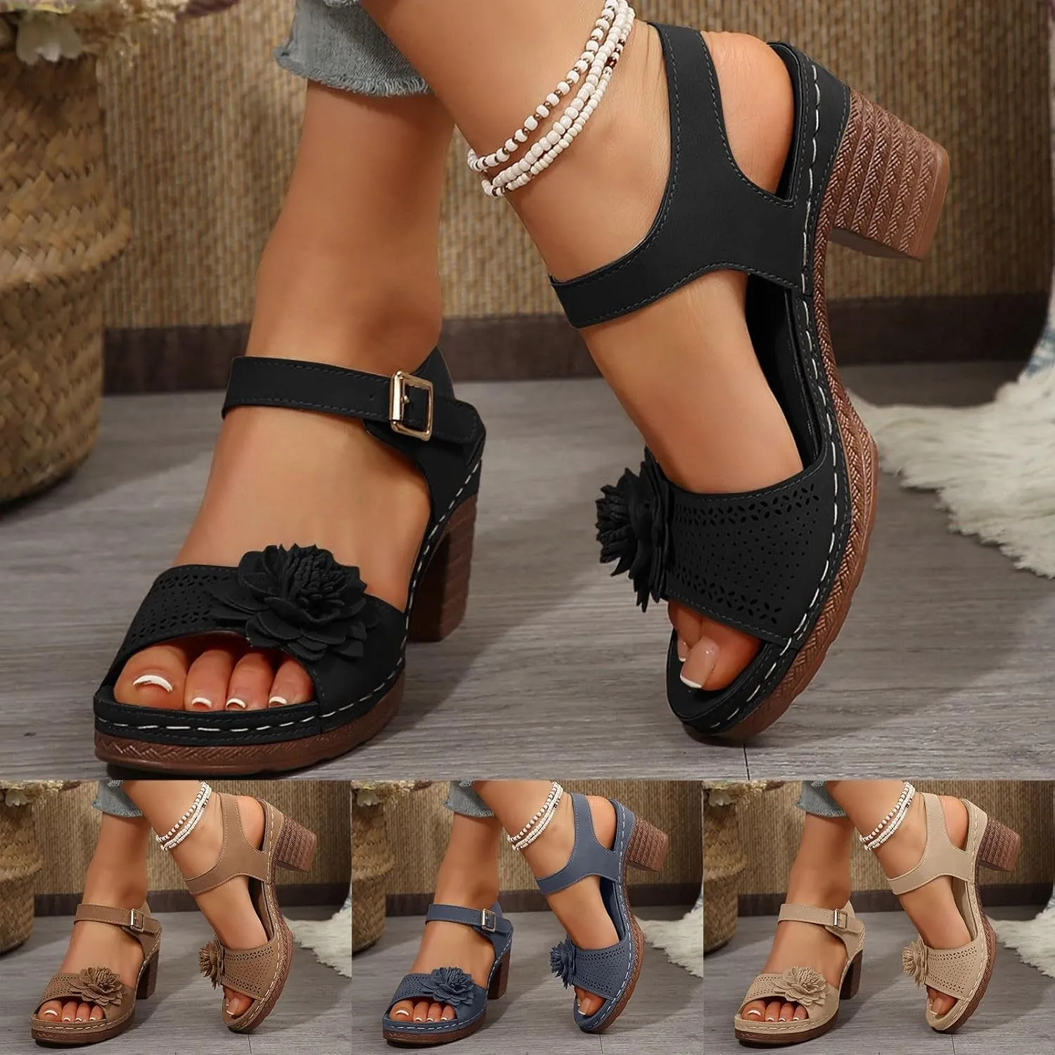 Platform Wedge Sandals for Women 2025 Dressy Summer Ankle Strap Wedges Casual Hollow Out Open Toe Low Heel Comfortable Sandal Work Sandals for Women Office Breathable Dress Shoes