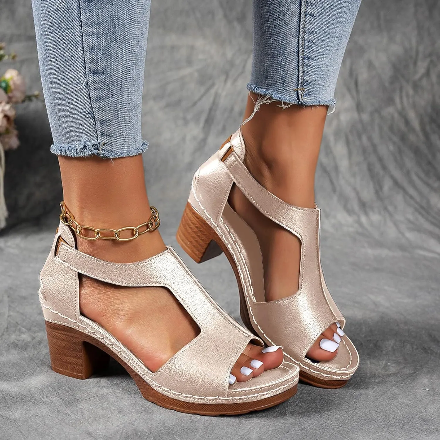 Platform Wedge Sandals for Women 2025 Dressy Summer Chunky Heel Ankle Strap Wedges Casual Hollow Out Open Toe Block Heels Comfortable Sandal Work Sandals for Women Office Breathable Dress Shoes