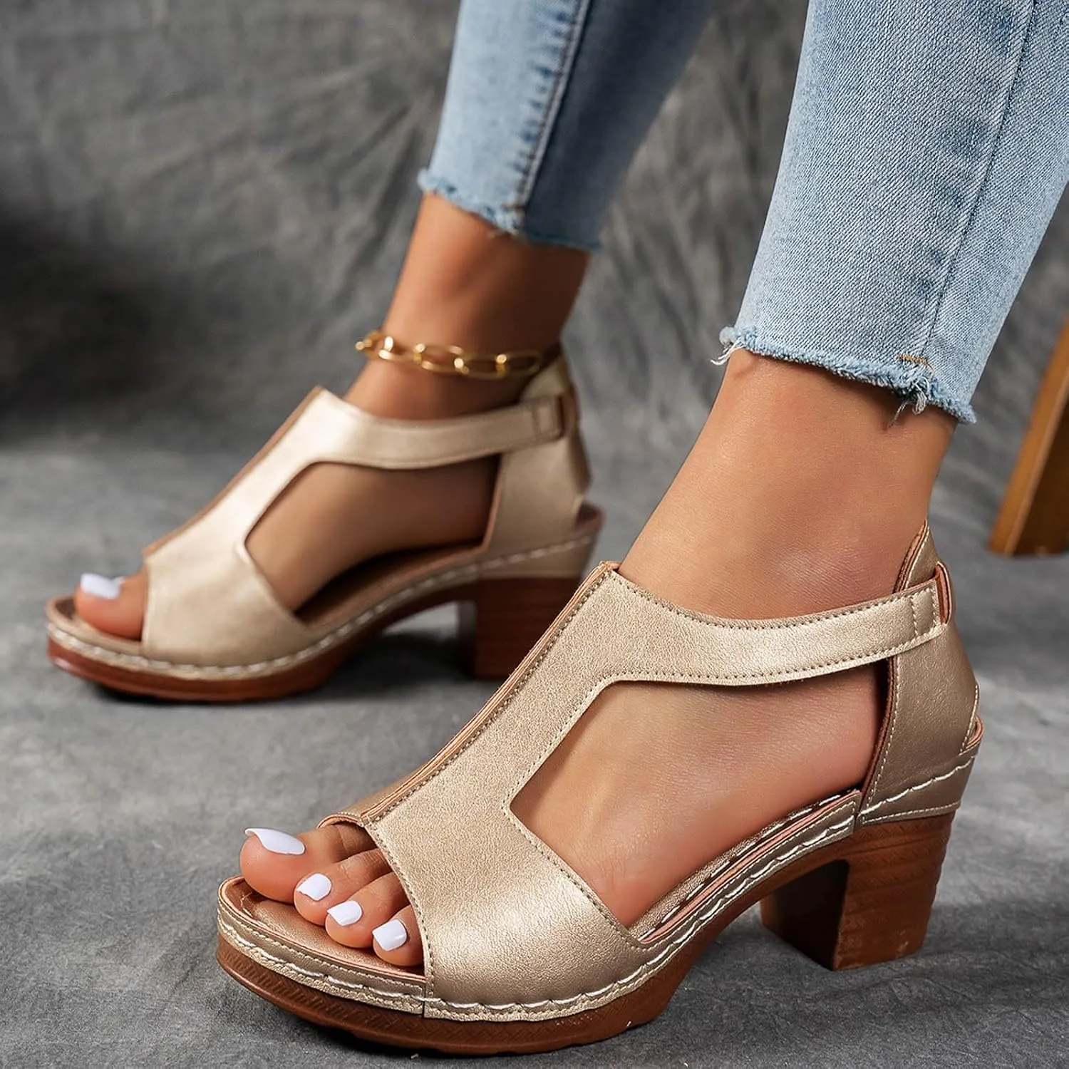 Platform Wedge Sandals for Women 2025 Dressy Summer Chunky Heel Ankle Strap Wedges Casual Hollow Out Open Toe Block Heels Comfortable Sandal Work Sandals for Women Office Breathable Dress Shoes