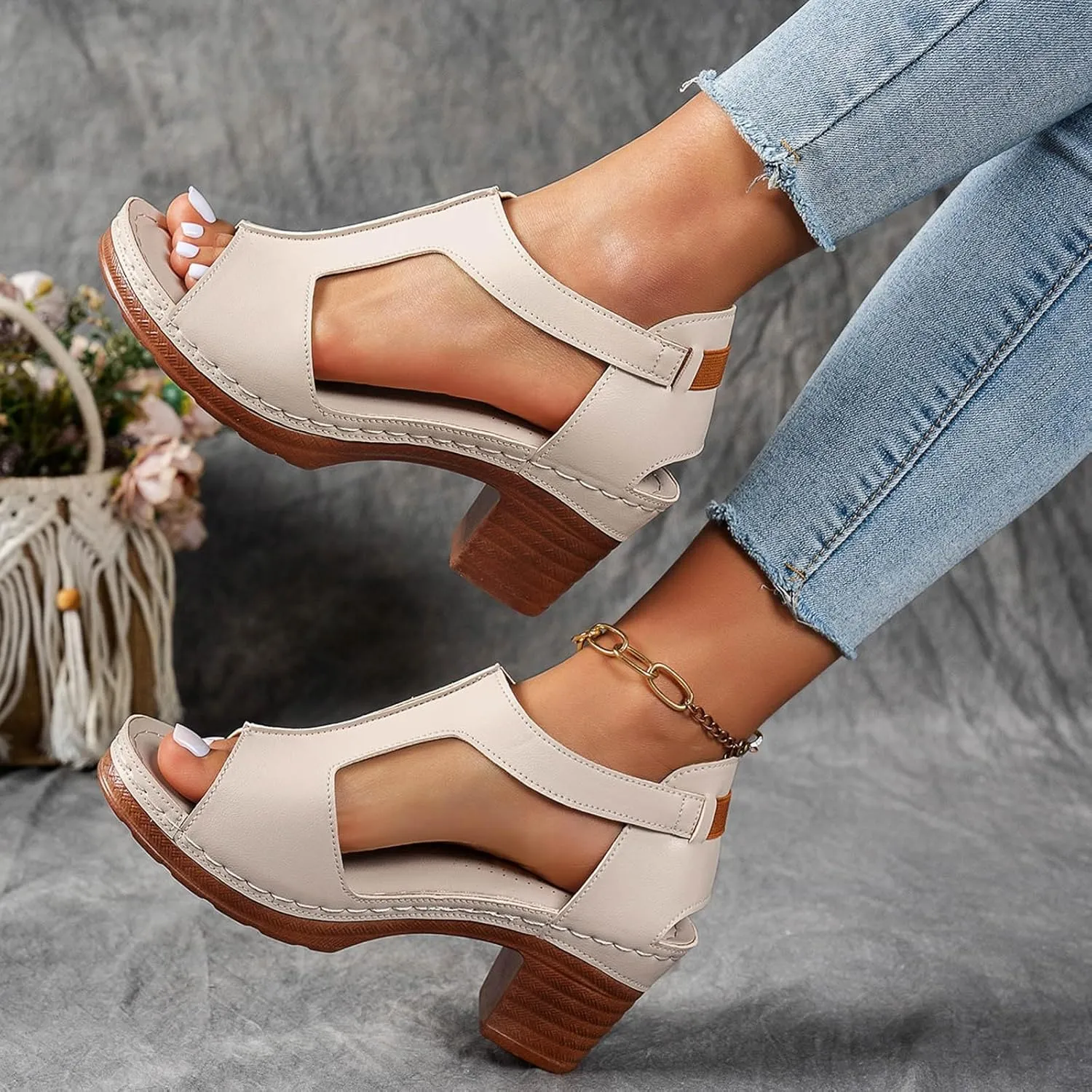 Platform Wedge Sandals for Women 2025 Dressy Summer Chunky Heel Ankle Strap Wedges Casual Hollow Out Open Toe Block Heels Comfortable Sandal Work Sandals for Women Office Breathable Dress Shoes