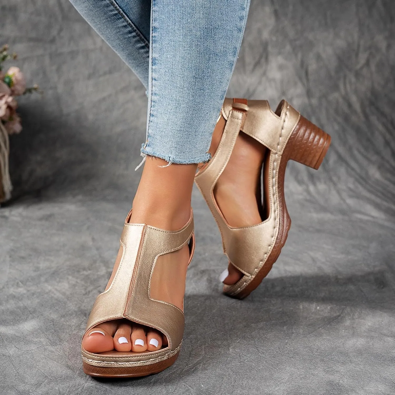 Platform Wedge Sandals for Women 2025 Dressy Summer Chunky Heel Ankle Strap Wedges Casual Hollow Out Open Toe Block Heels Comfortable Sandal Work Sandals for Women Office Breathable Dress Shoes