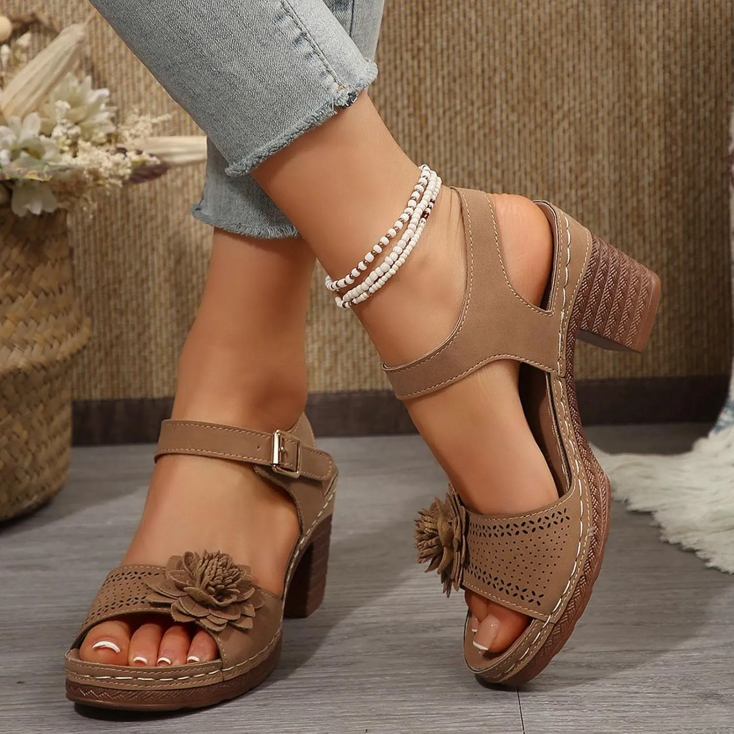 Platform Wedge Sandals for Women 2025 Dressy Summer Chunky Heel Ankle Strap Wedges Casual Hollow Out Open Toe Block Heels Comfortable Sandal Work Sandals for Women Office Breathable Dress Shoes