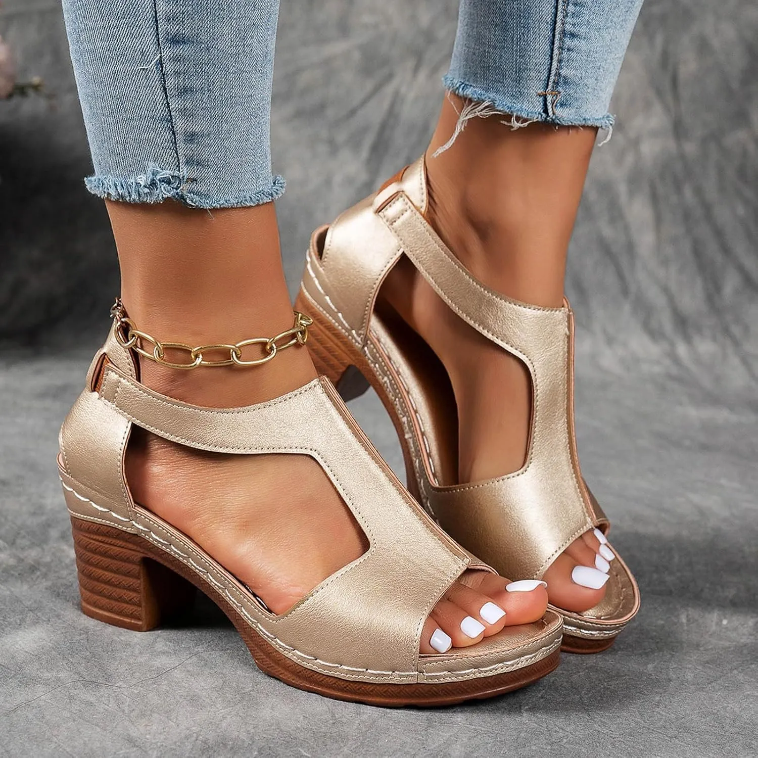 Platform Wedge Sandals for Women 2025 Dressy Summer Chunky Heel Ankle Strap Wedges Casual Hollow Out Open Toe Block Heels Comfortable Sandal Work Sandals for Women Office Breathable Dress Shoes
