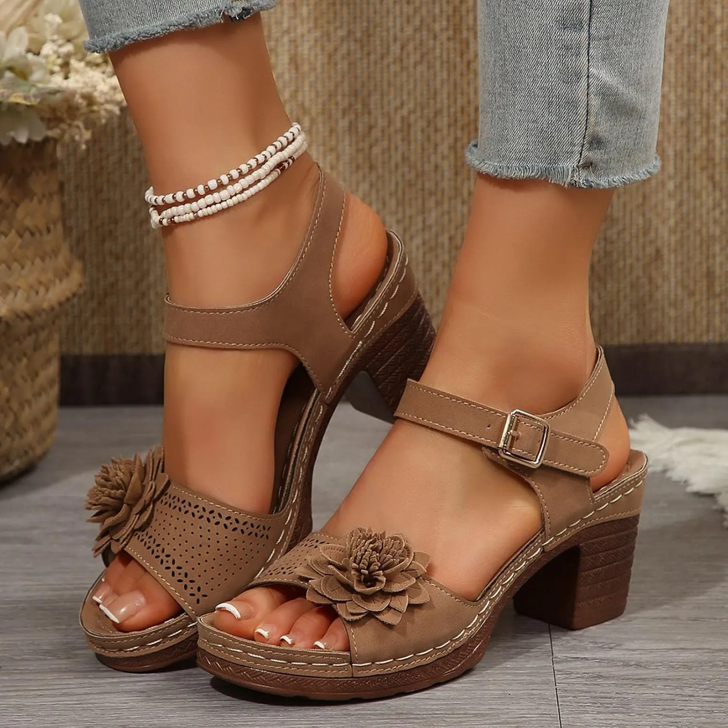 Platform Wedge Sandals for Women 2025 Dressy Summer Chunky Heel Ankle Strap Wedges Casual Hollow Out Open Toe Block Heels Comfortable Sandal Work Sandals for Women Office Breathable Dress Shoes