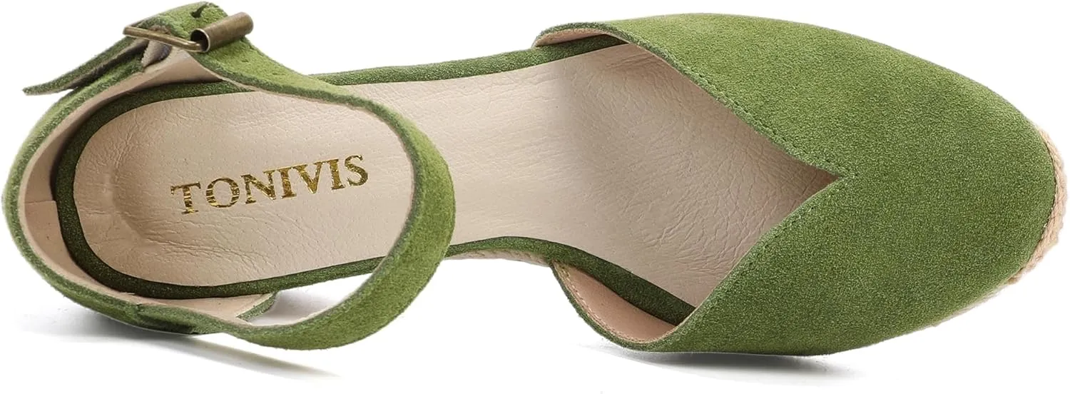 Platform Wedges Sandals for Women, 3" Wedge, Ankle-Strap, Cap Toe, Summer Espadrilles Heel Shoes
