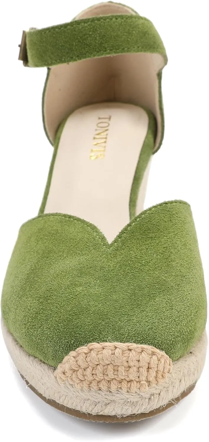 Platform Wedges Sandals for Women, 3" Wedge, Ankle-Strap, Cap Toe, Summer Espadrilles Heel Shoes