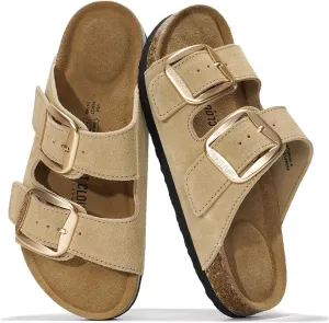 Project Cloud Genuine Leather Flat Sandals for Women 2025 Comfortable Beach Essentials Womens Sandals Memory Foam Vacation Essentials Slides for Women Footwear (Santorini)