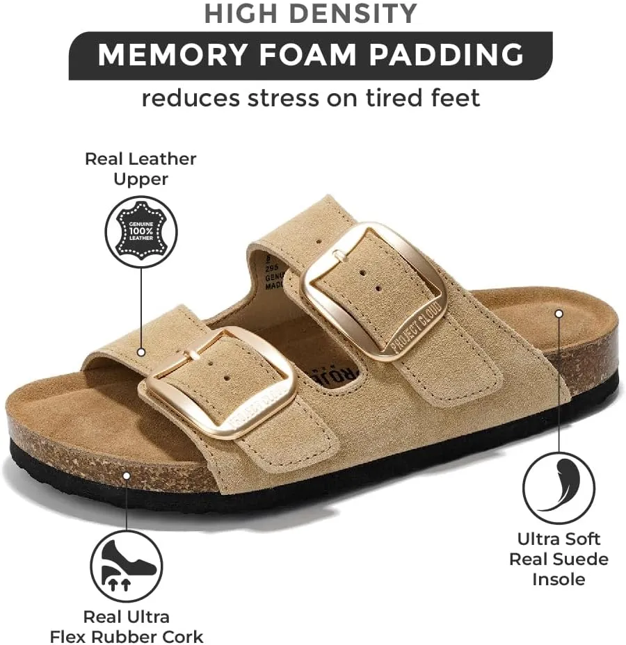 Project Cloud Genuine Leather Flat Sandals for Women 2025 Comfortable Beach Essentials Womens Sandals Memory Foam Vacation Essentials Slides for Women Footwear (Santorini)