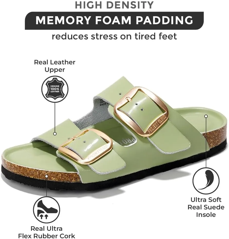 Project Cloud Genuine Leather Flat Sandals for Women 2025 Comfortable Beach Essentials Womens Sandals Memory Foam Vacation Essentials Slides for Women Footwear (Santorini)