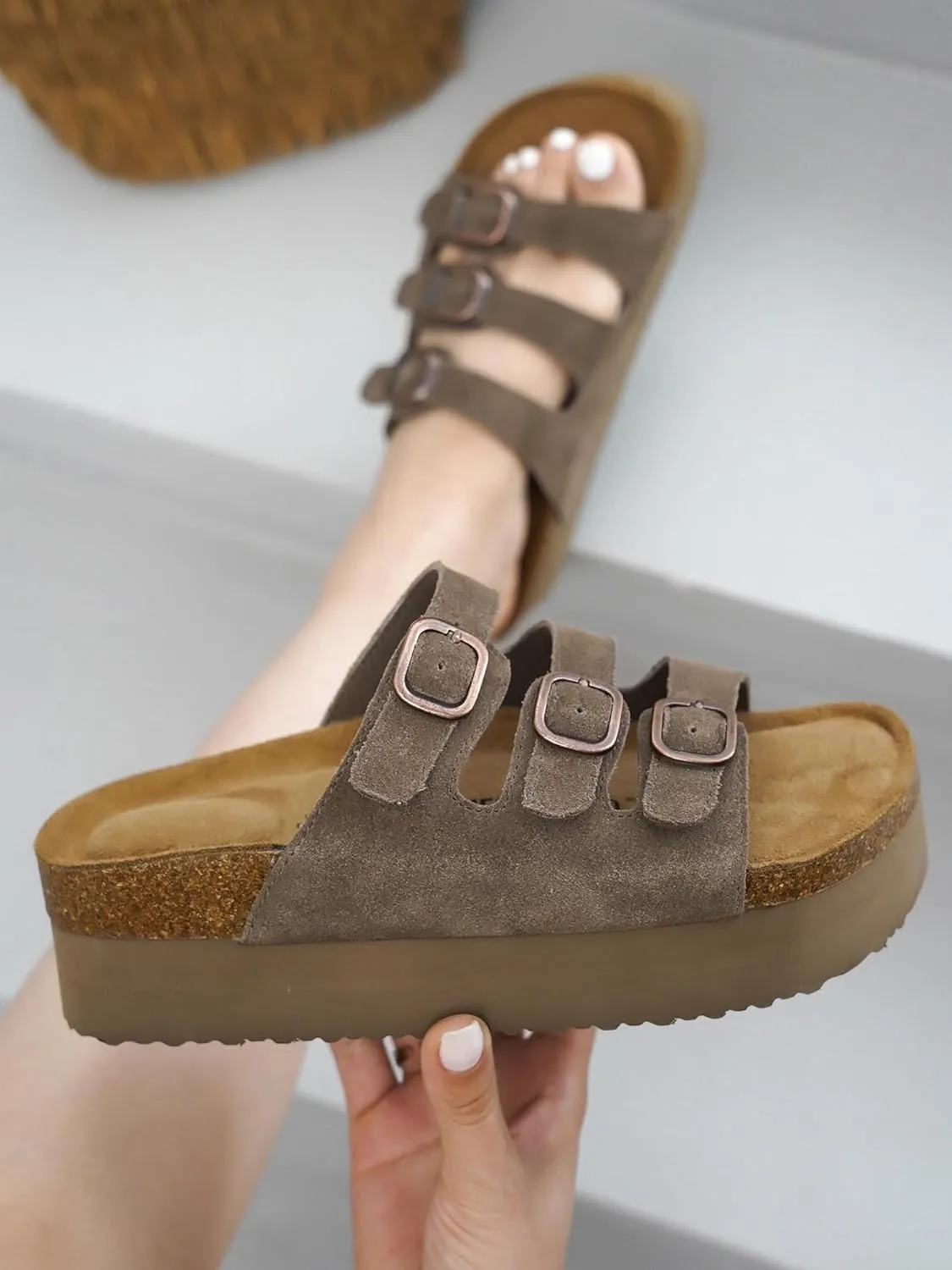 Project Cloud Genuine Suede Platform Sandals Women Footwear - Comfortable Wedges with Memory Foam Insole - Non Slip 3-Strap Summer Sandals for Women 2025 (Dyan)
