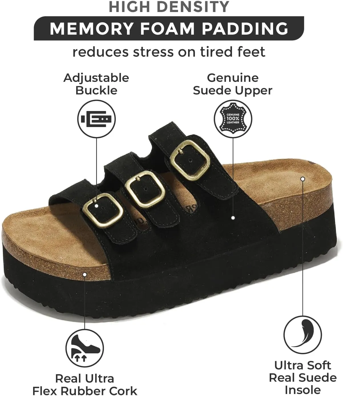 Project Cloud Genuine Suede Platform Sandals Women Footwear - Comfortable Wedges with Memory Foam Insole - Non Slip 3-Strap Summer Sandals for Women 2025 (Dyan)