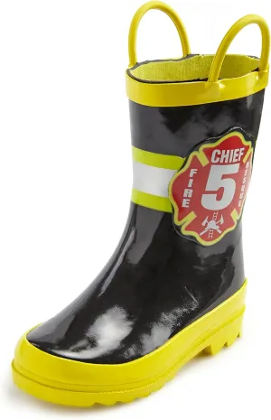 Puddle Play Toddler and Kids Waterproof Black Fire Chief Rubber Rain Boots Easy-On Handles - Size 1 Little Kid