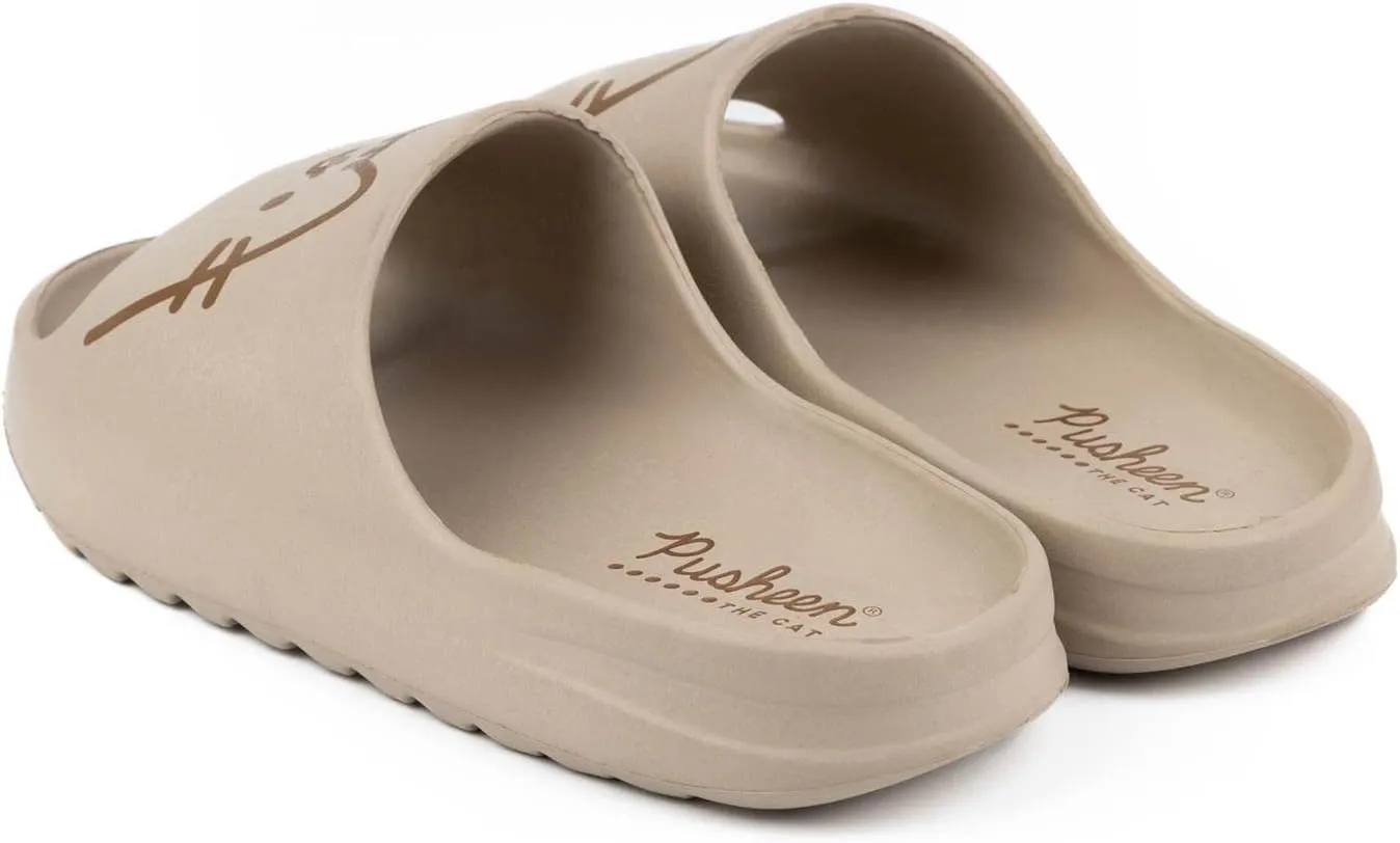 Pusheen Womens Sliders | Ladies Brown Moulded Ridge Bottom Sandals | Cartoon Cat Beachwear Summer Shoes | Slip-on Footwear
