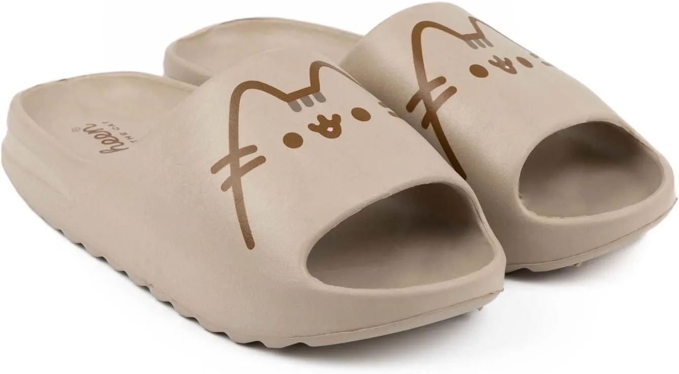 Pusheen Womens Sliders | Ladies Brown Moulded Ridge Bottom Sandals | Cartoon Cat Beachwear Summer Shoes | Slip-on Footwear