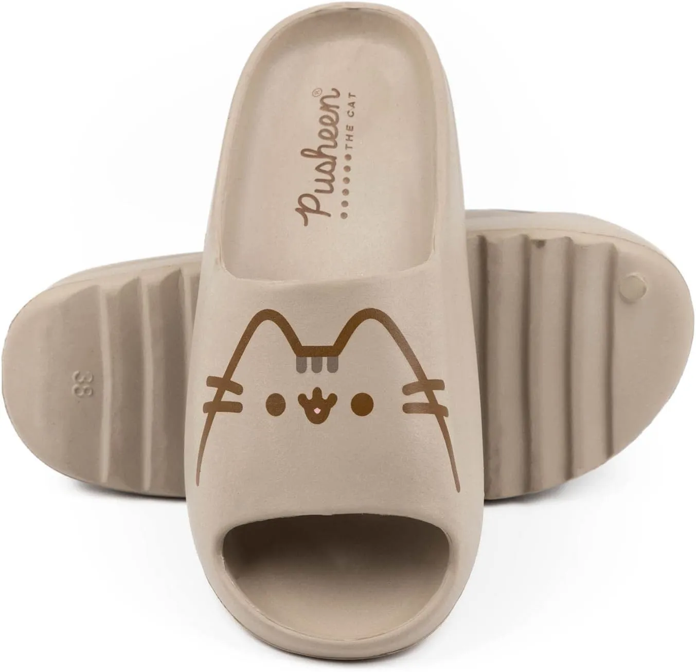 Pusheen Womens Sliders | Ladies Brown Moulded Ridge Bottom Sandals | Cartoon Cat Beachwear Summer Shoes | Slip-on Footwear
