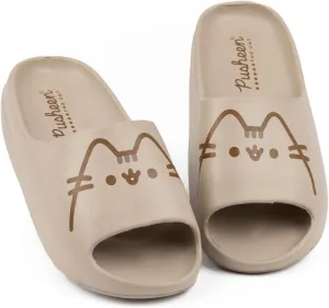 Pusheen Womens Sliders | Ladies Brown Moulded Ridge Bottom Sandals | Cartoon Cat Beachwear Summer Shoes | Slip-on Footwear