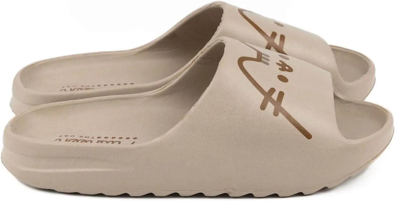 Pusheen Womens Sliders | Ladies Brown Moulded Ridge Bottom Sandals | Cartoon Cat Beachwear Summer Shoes | Slip-on Footwear