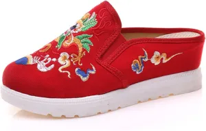 Qhome Women's Canvas Chinese Dragon Embroidery Comfortable Casual Mules House Slippers Shoes