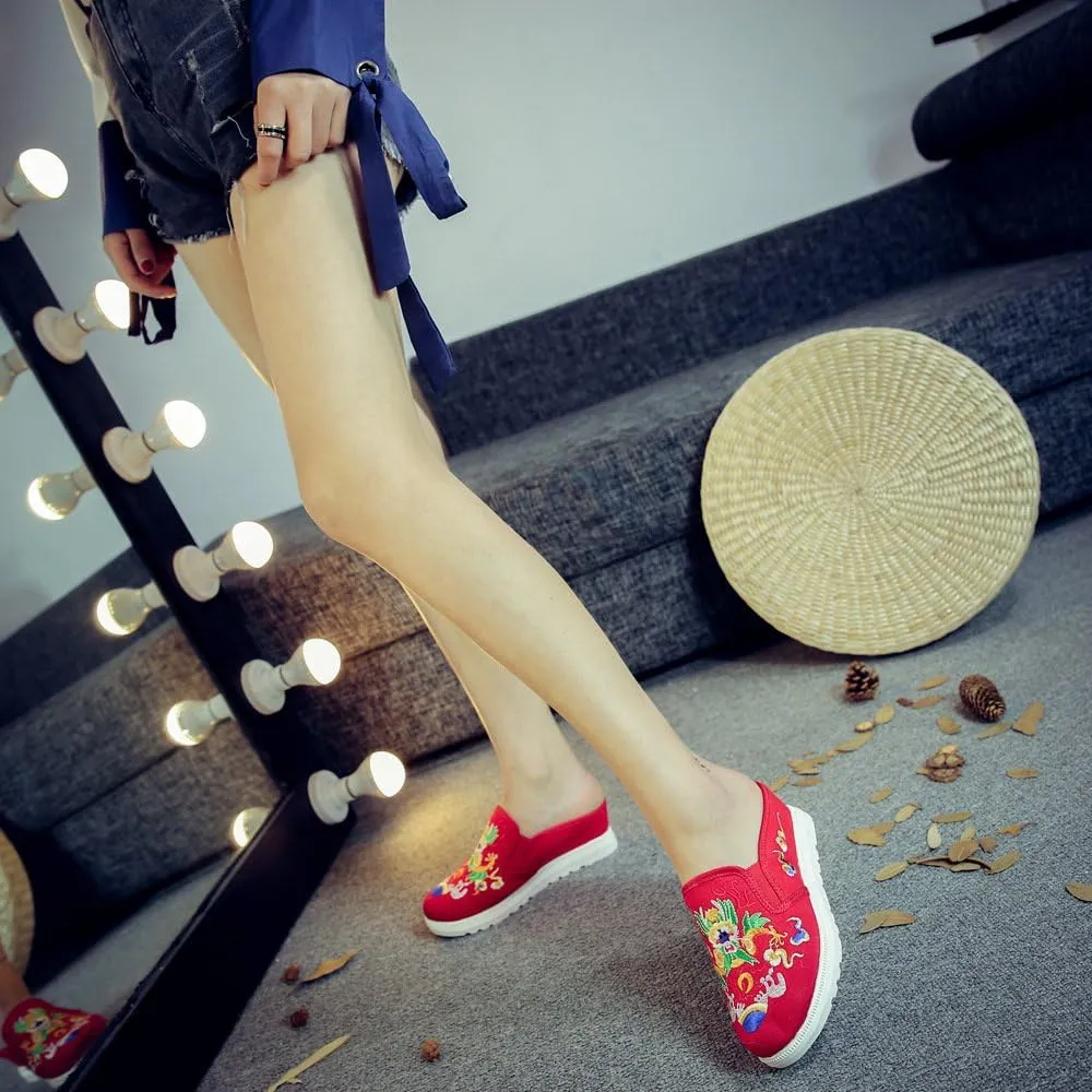 Qhome Women's Canvas Chinese Dragon Embroidery Comfortable Casual Mules House Slippers Shoes