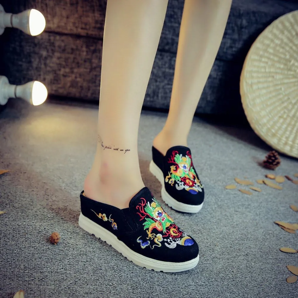 Qhome Women's Canvas Chinese Dragon Embroidery Comfortable Casual Mules House Slippers Shoes
