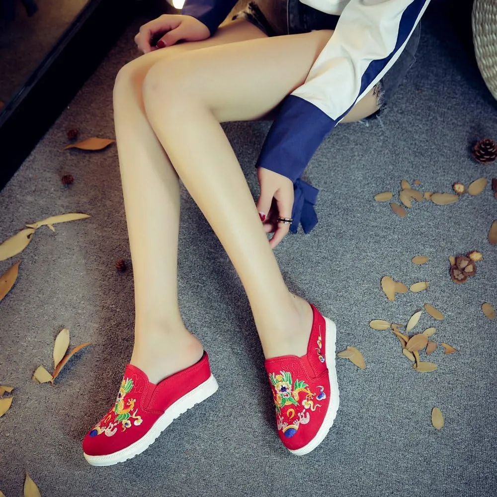 Qhome Women's Canvas Chinese Dragon Embroidery Comfortable Casual Mules House Slippers Shoes