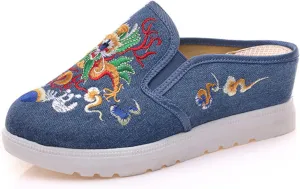 Qhome Women's Canvas Chinese Dragon Embroidery Comfortable Casual Mules House Slippers Shoes