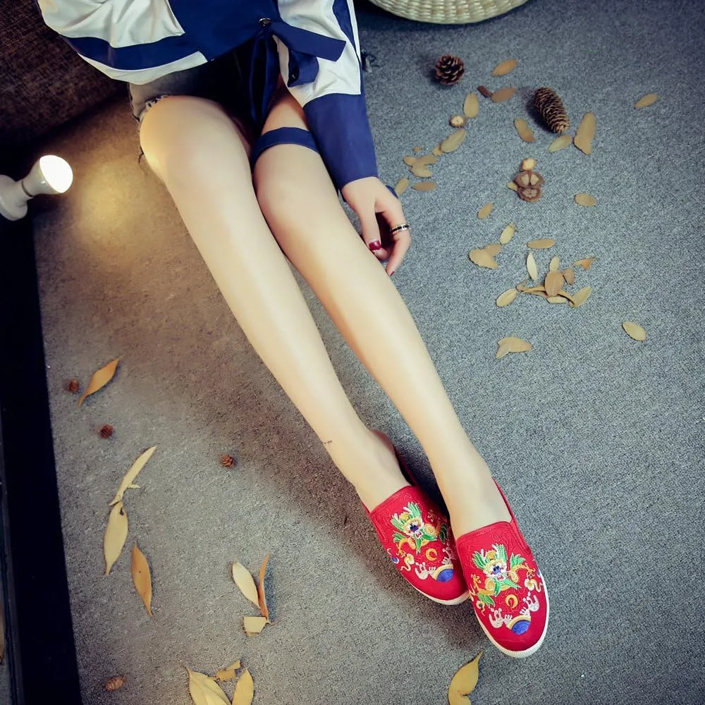Qhome Women's Canvas Chinese Dragon Embroidery Comfortable Casual Mules House Slippers Shoes