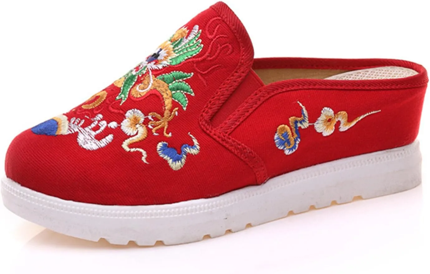 Qhome Women's Canvas Chinese Dragon Embroidery Comfortable Casual Mules House Slippers Shoes