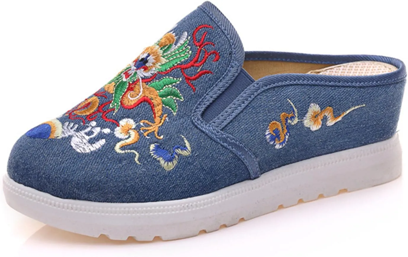 Qhome Women's Canvas Chinese Dragon Embroidery Comfortable Casual Mules House Slippers Shoes