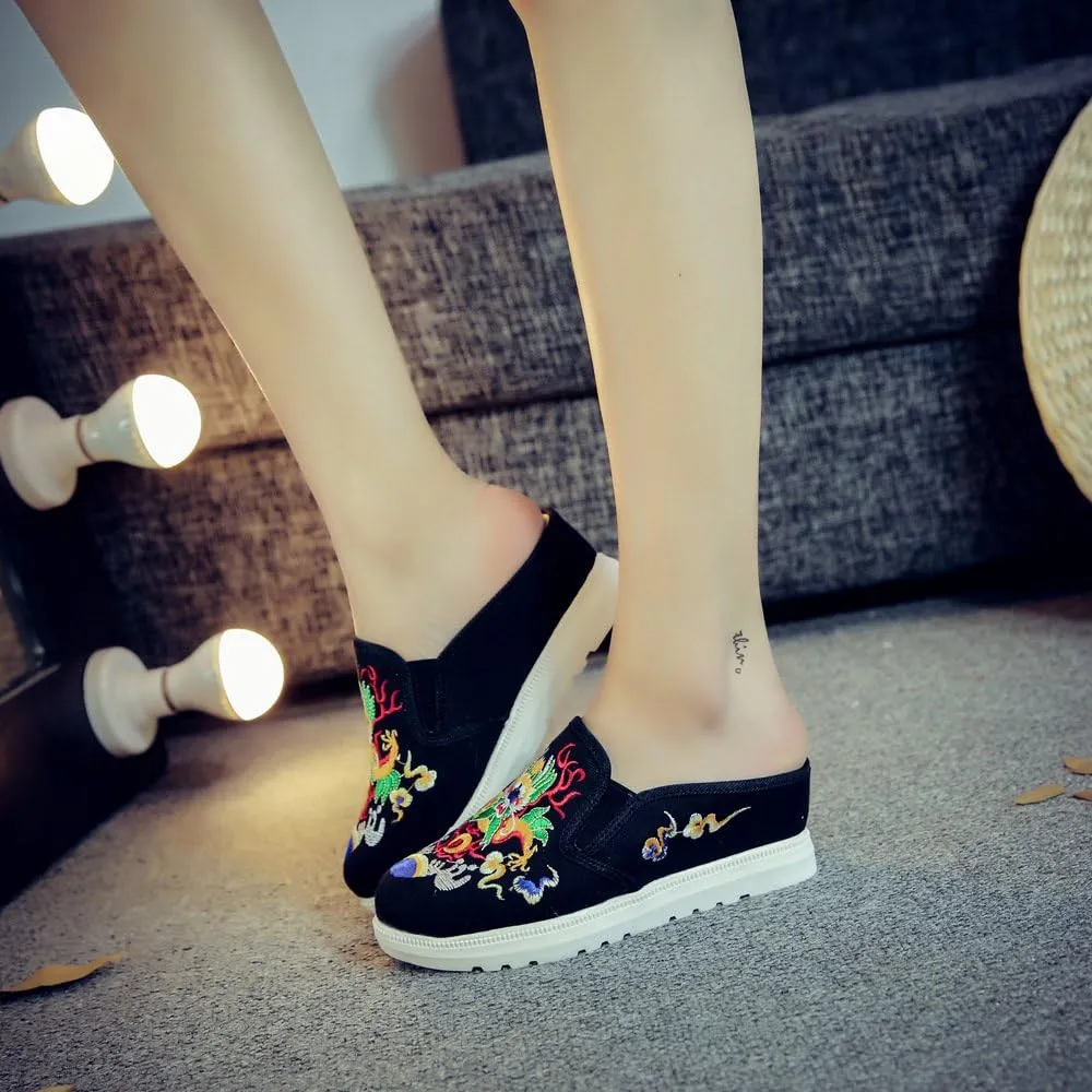 Qhome Women's Canvas Chinese Dragon Embroidery Comfortable Casual Mules House Slippers Shoes