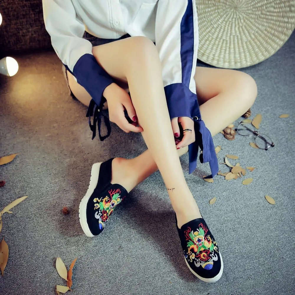 Qhome Women's Canvas Chinese Dragon Embroidery Comfortable Casual Mules House Slippers Shoes