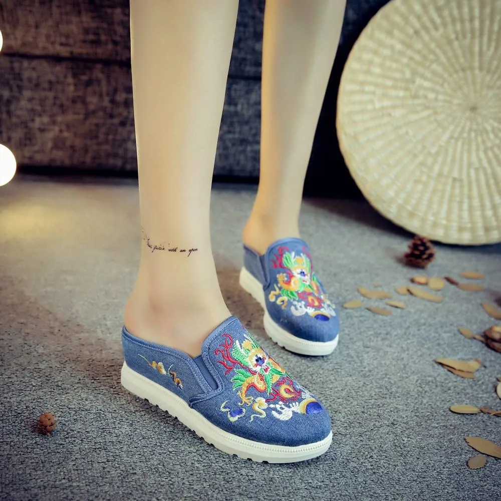 Qhome Women's Canvas Chinese Dragon Embroidery Comfortable Casual Mules House Slippers Shoes