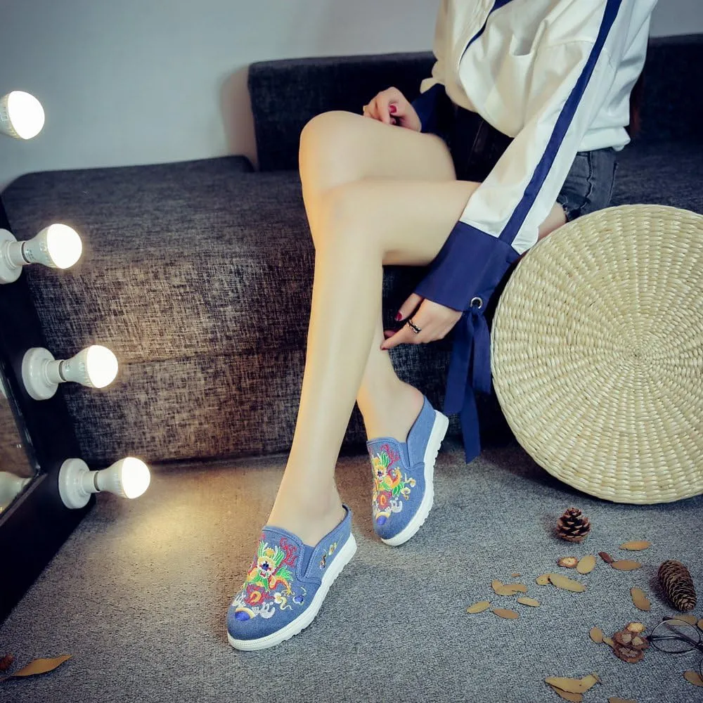 Qhome Women's Canvas Chinese Dragon Embroidery Comfortable Casual Mules House Slippers Shoes