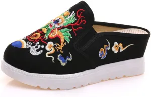 Qhome Women's Canvas Chinese Dragon Embroidery Comfortable Casual Mules House Slippers Shoes