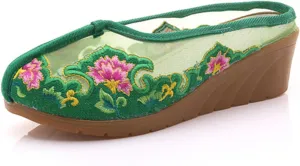 Qhome Women's Chinese Floral Embroidery Net Yarn Silk Comfortable Casual Mules House Wedge Slippers Shoes
