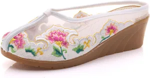 Qhome Women's Chinese Floral Embroidery Net Yarn Silk Comfortable Casual Mules House Wedge Slippers Shoes