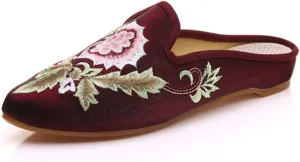 Qhome Women's Chinese Floral Embroidery Pointed-Toe Comfortable Satin Casual Mules House Pumps Slippers Shoes