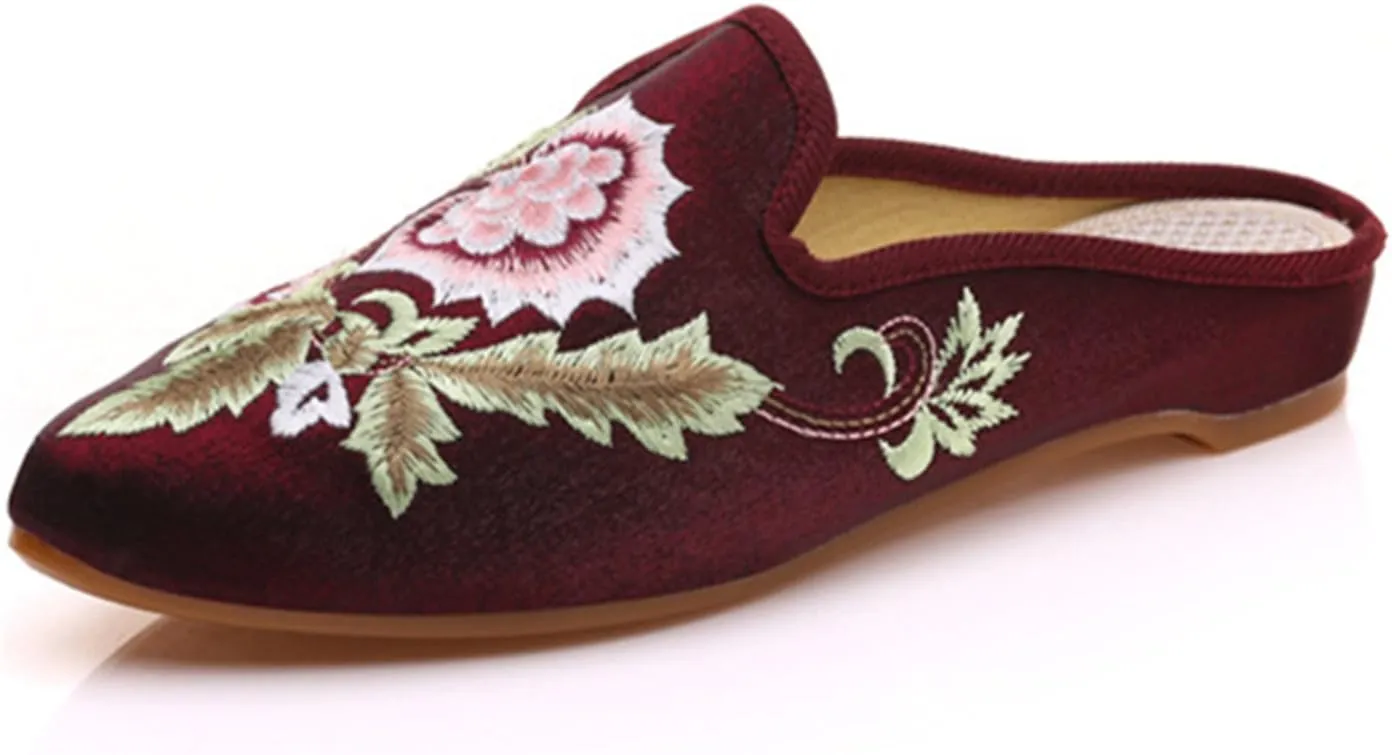 Qhome Women's Chinese Floral Embroidery Pointed-Toe Comfortable Satin Casual Mules House Pumps Slippers Shoes
