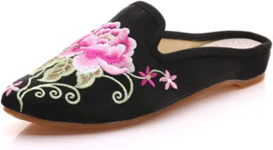 Qhome Women's Chinese Floral Peony Embroidery PointedGeLYXPEIJIANitToe Comfortable Satin Casual Mules House Pumps Slippers Shoes, Black