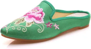 Qhome Women's Chinese Floral Peony Embroidery PointedGeLYXPEIJIANitToe Comfortable Satin Casual Mules House Pumps Slippers Shoes, Green
