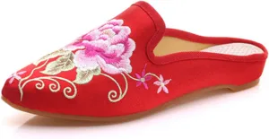 Qhome Women's Chinese Floral Peony Embroidery PointedGeLYXPEIJIANitToe Comfortable Satin Casual Mules House Pumps Slippers Shoes, Red