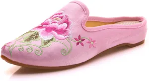 Qhome Women's Chinese Floral Peony Embroidery PointedGeLYXPEIJIANitToe Comfortable Satin Casual Mules House Pumps Slippers Shoes