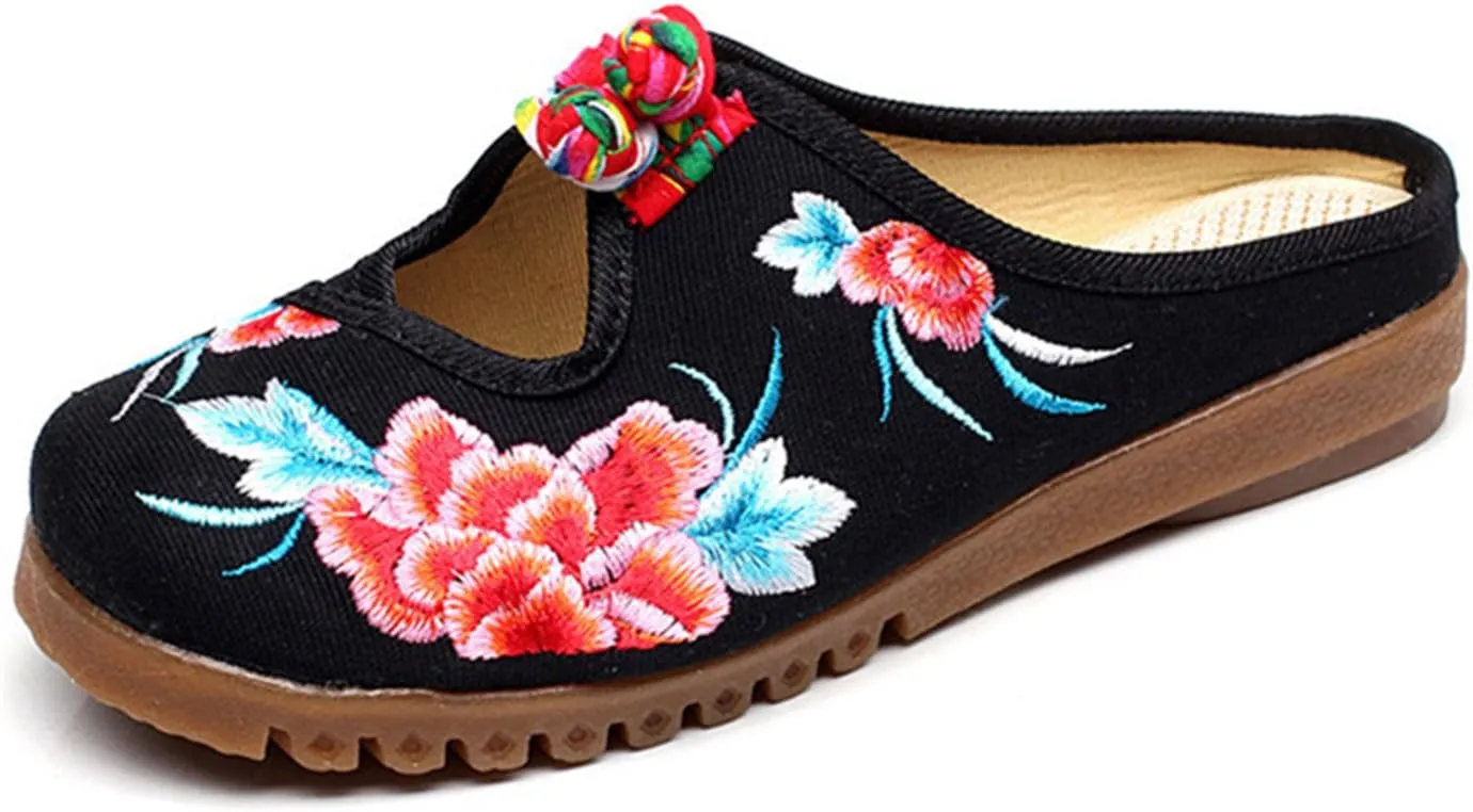 Qhome Women's Floral Embroidery Comfortable Casual Canvas Mules House Slippers Oxford Shoes