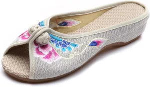 Qhome Women's Floral Embroidery Comfortable Casual Canvas Mules House Slippers Shoes