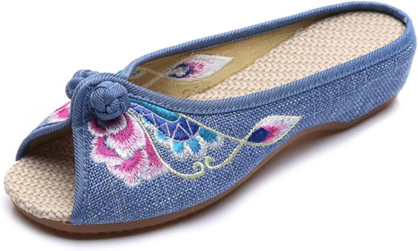 Qhome Women's Floral Embroidery Comfortable Casual Canvas Mules House Slippers Shoes